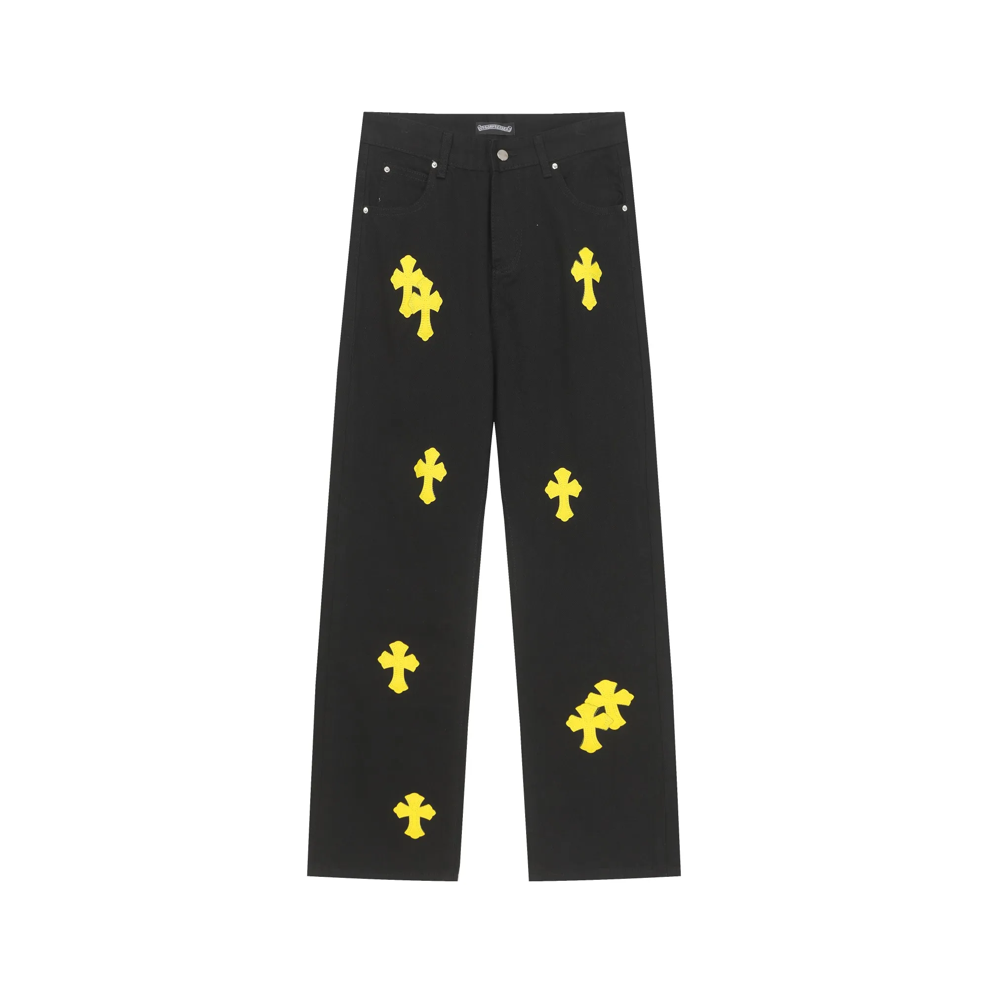 P270 Chrome Hearts/Chrome Hearts 25ss classic colored leather cross washed color cloth denim trousers for men and women Color: Picture color Size: 28-36